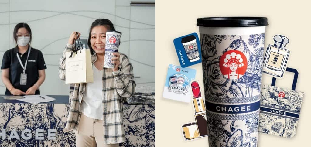 Delicious bubble tea from Chagee Malaysia with vibrant branding and a variety of merchandise, perfect for franchise investors and tea enthusiasts in Malaysia.